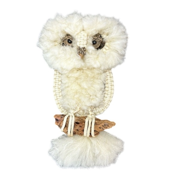 Vtg Ivory Snowy Owl Soft Macrame & Natural Wood Wall Hanging Decoration 70s Boho - Picture 1 of 11